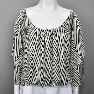 T Bags Los Angeles Peasant Top Sz S Black White Zig Zag Liquid‎ Knit Slit Sleeve